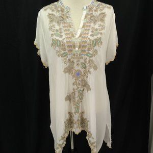 Johnny Was Size XL Tunic Blouse White Beige Embroidery Short Sleeve